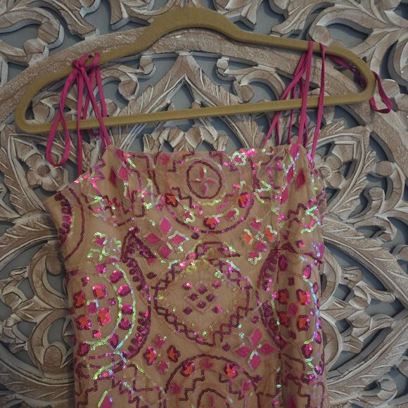 Free People show off mini sequin dress pink tan Size 10 - Picture 5 of 11